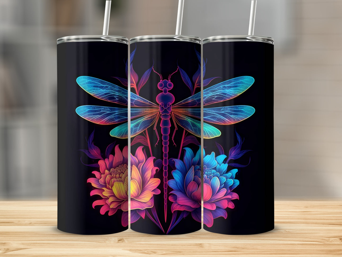 Colorful Dragonfly and Flowers Tumbler Cup Design
