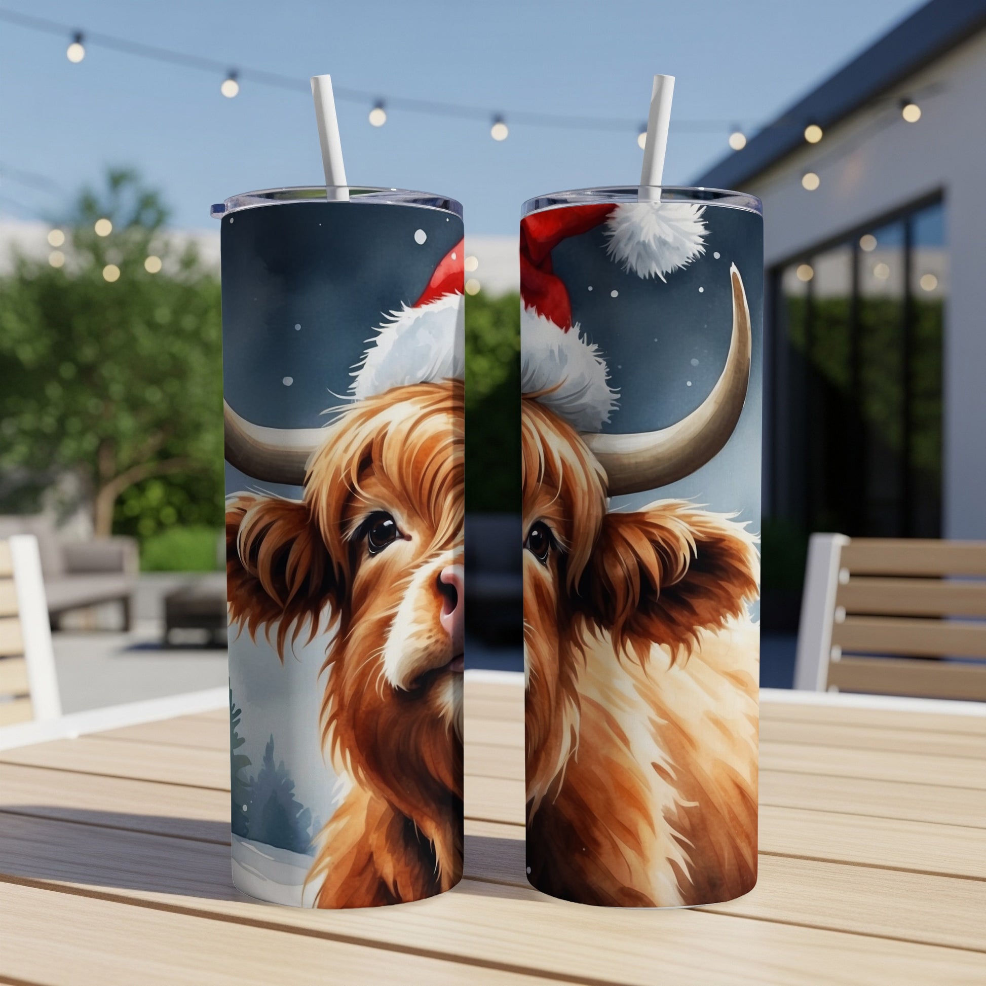 Highland cow in Santa hat, centered on a skinny tumbler.