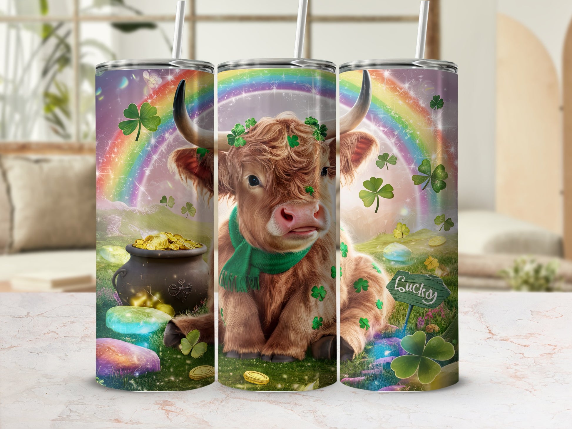 Cow with rainbow, pot of gold, and shamrocks on a tumbler.