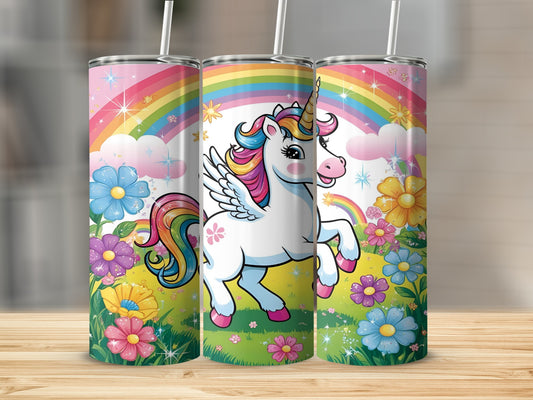 Three tumblers with rainbow, clouds, and a unicorn illustration.