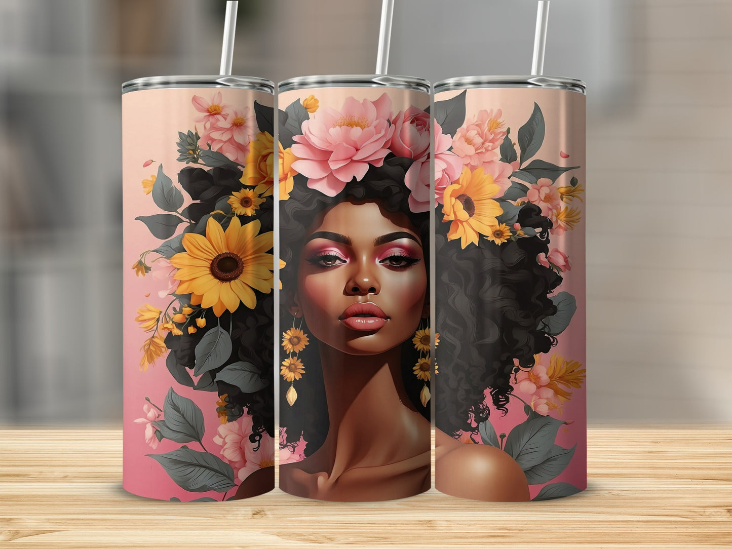 Woman with dark curly hair adorned with sunflowers and pink flowers.