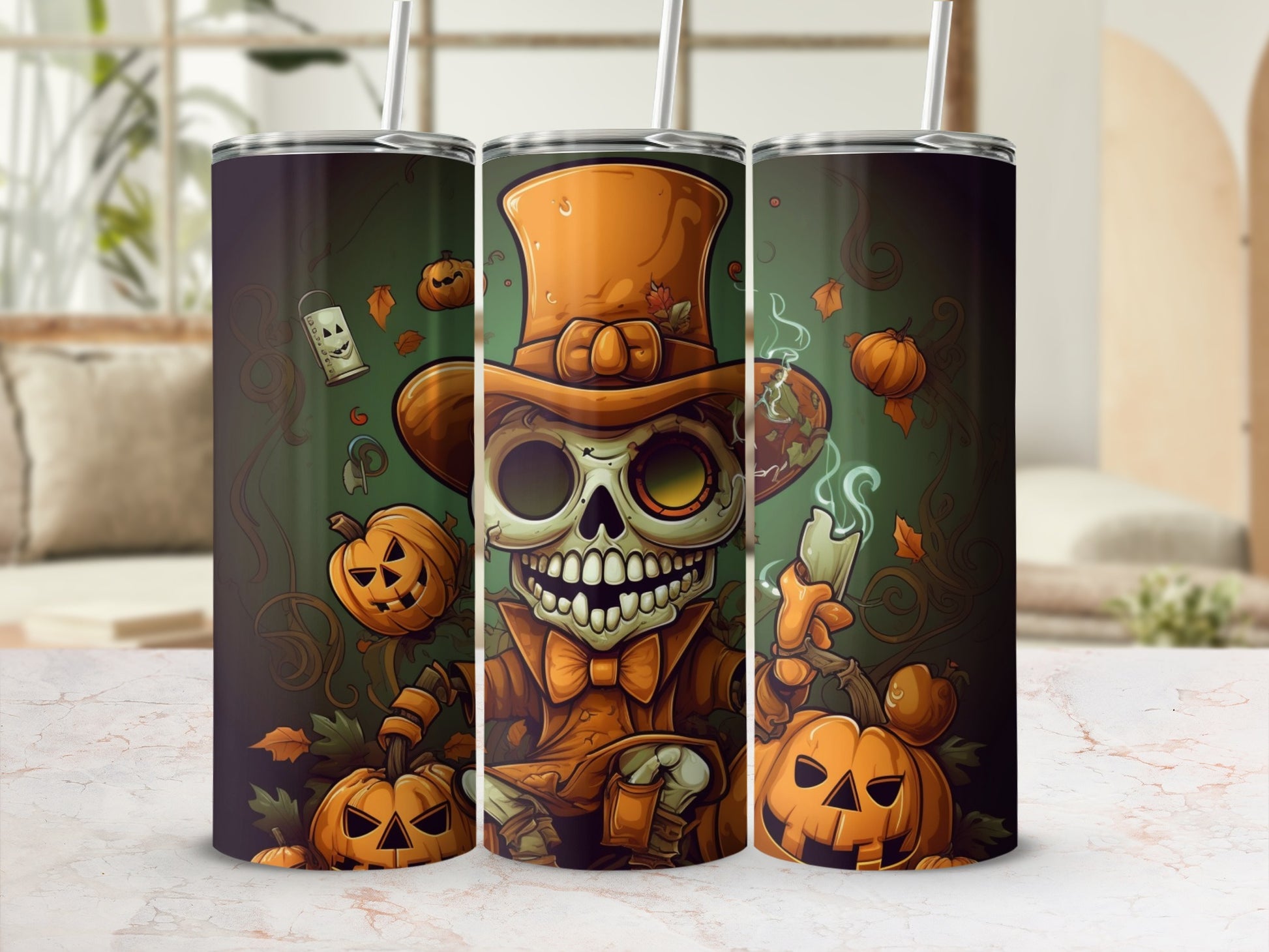 Three tumblers featuring a Halloween skeleton with pumpkins and a lit candle.