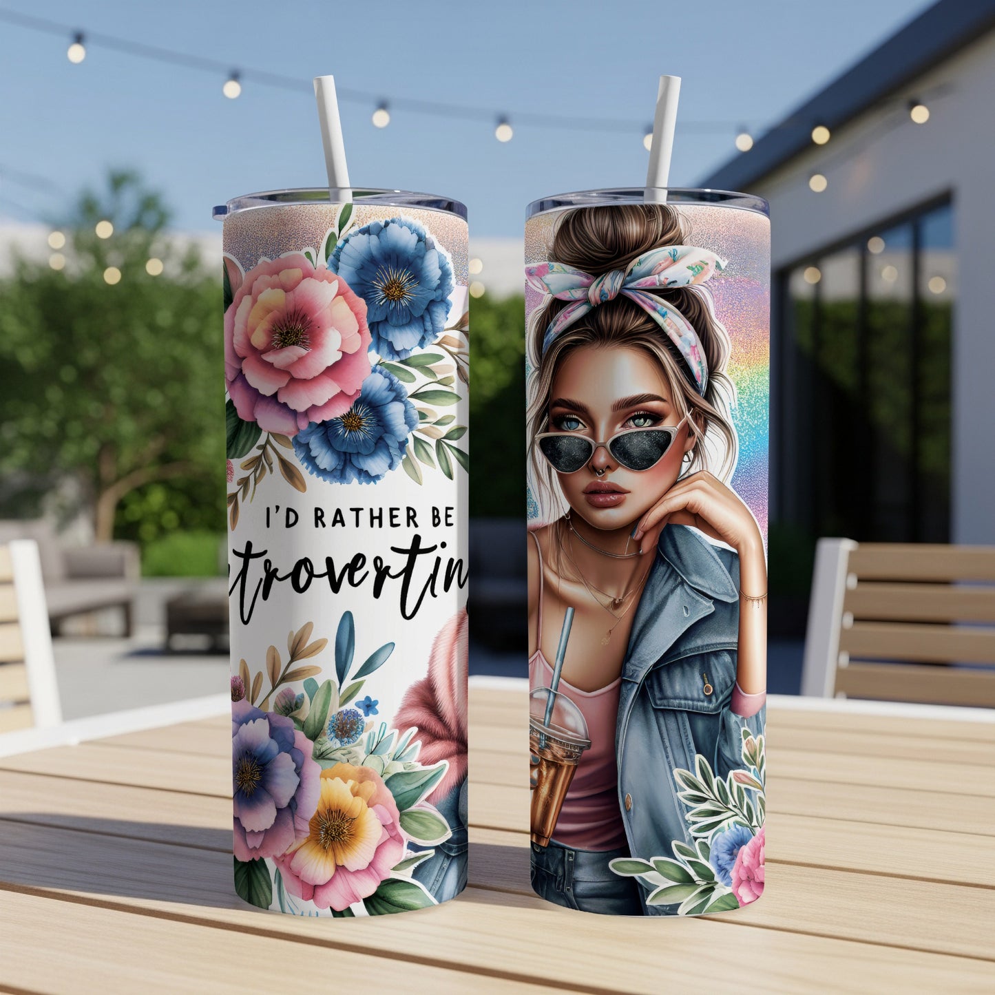 Two tumblers featuring a woman with sunglasses and floral designs, text "I'd rather be introverting".