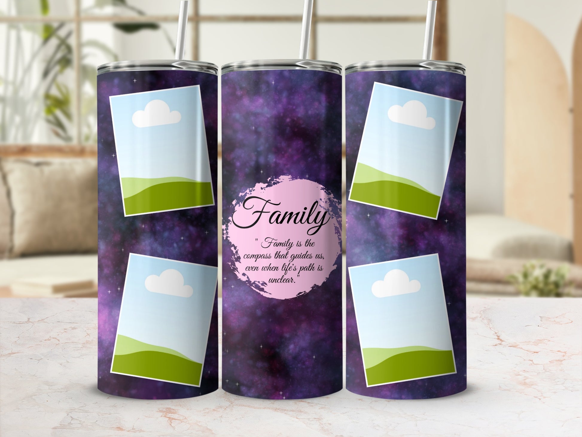 Tumbler with galaxy print, photo frames, and "Family" quote.