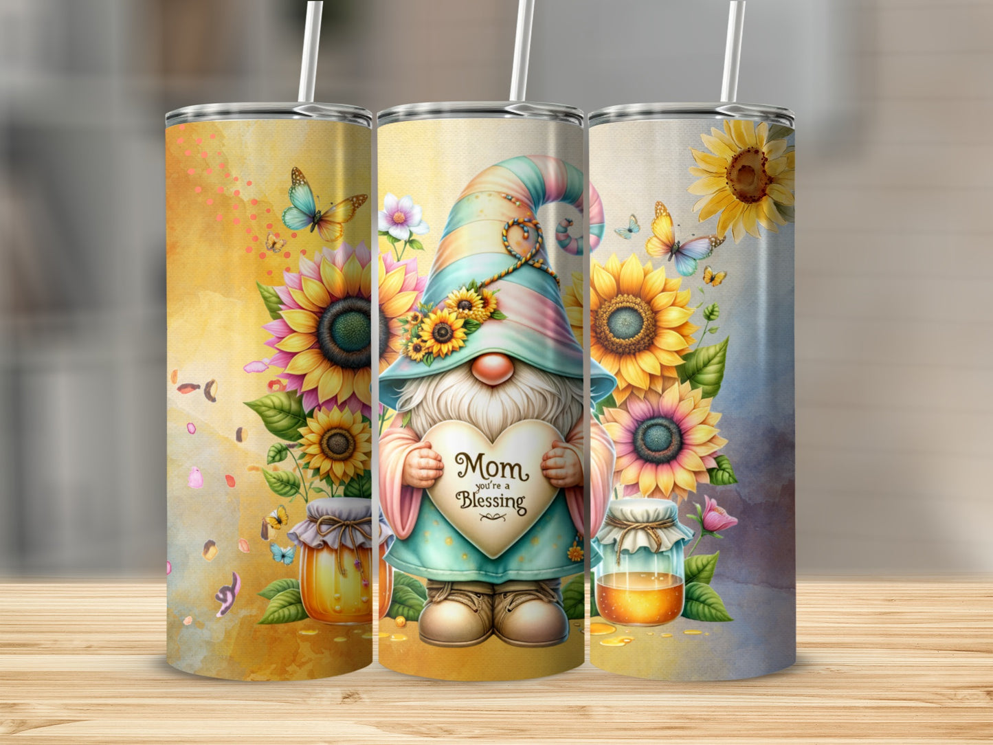 Sunflower Gnome Butterfly Design Tumbler Cup