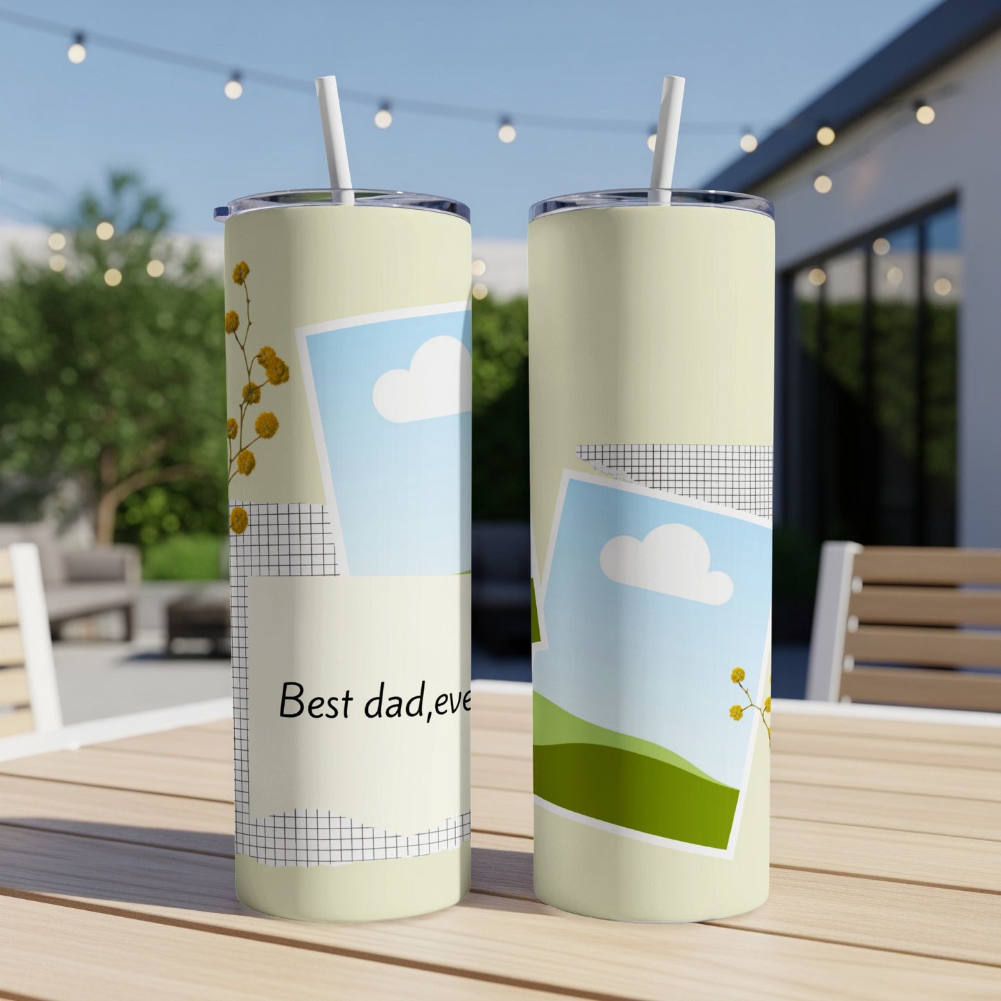 Two tumblers with a light yellow design featuring photos and the text "Best dad, eve".