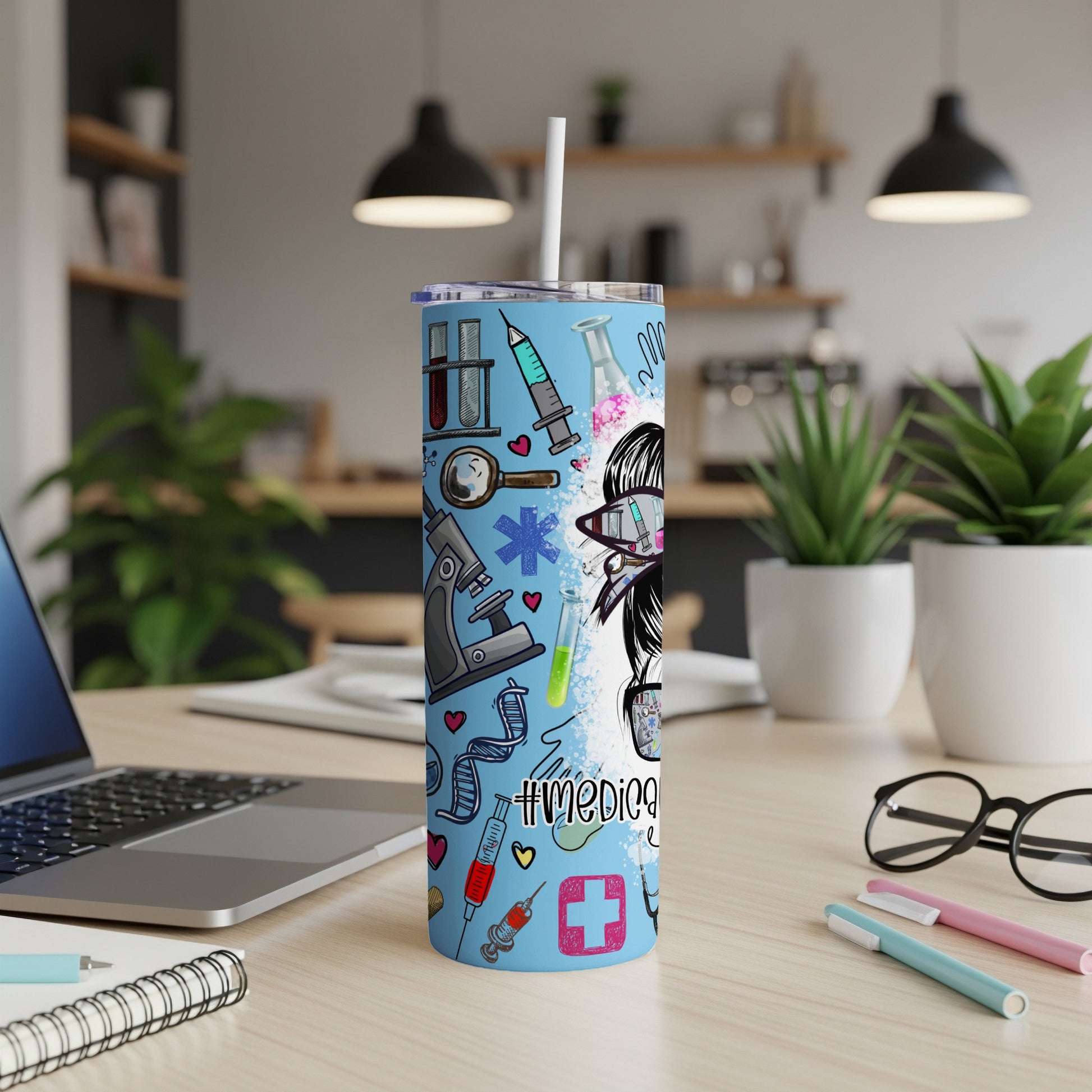 Tall tumbler with medical icons and "Medical Vibes" text.