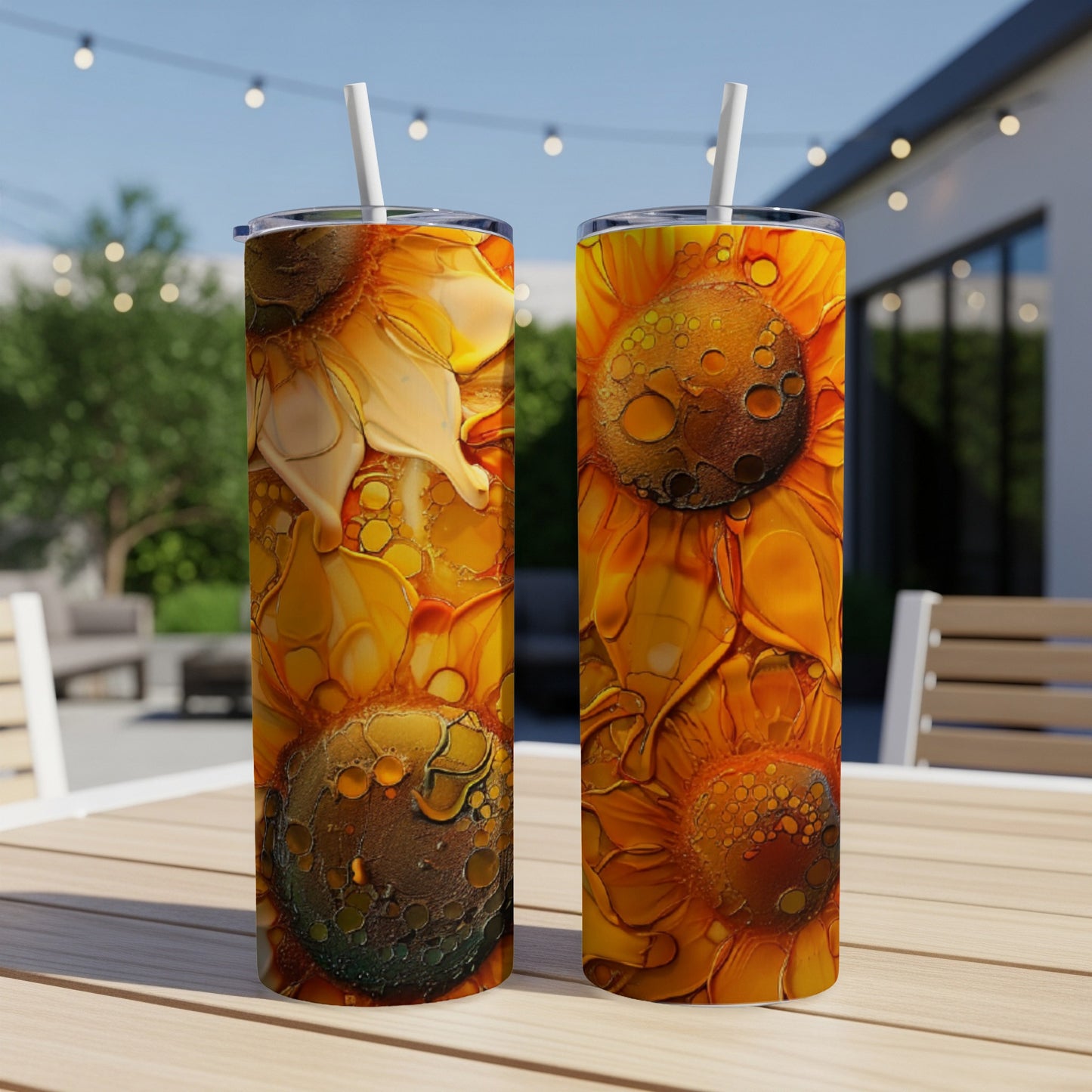 Two tumblers with abstract sunflower designs sit on a wooden table.
