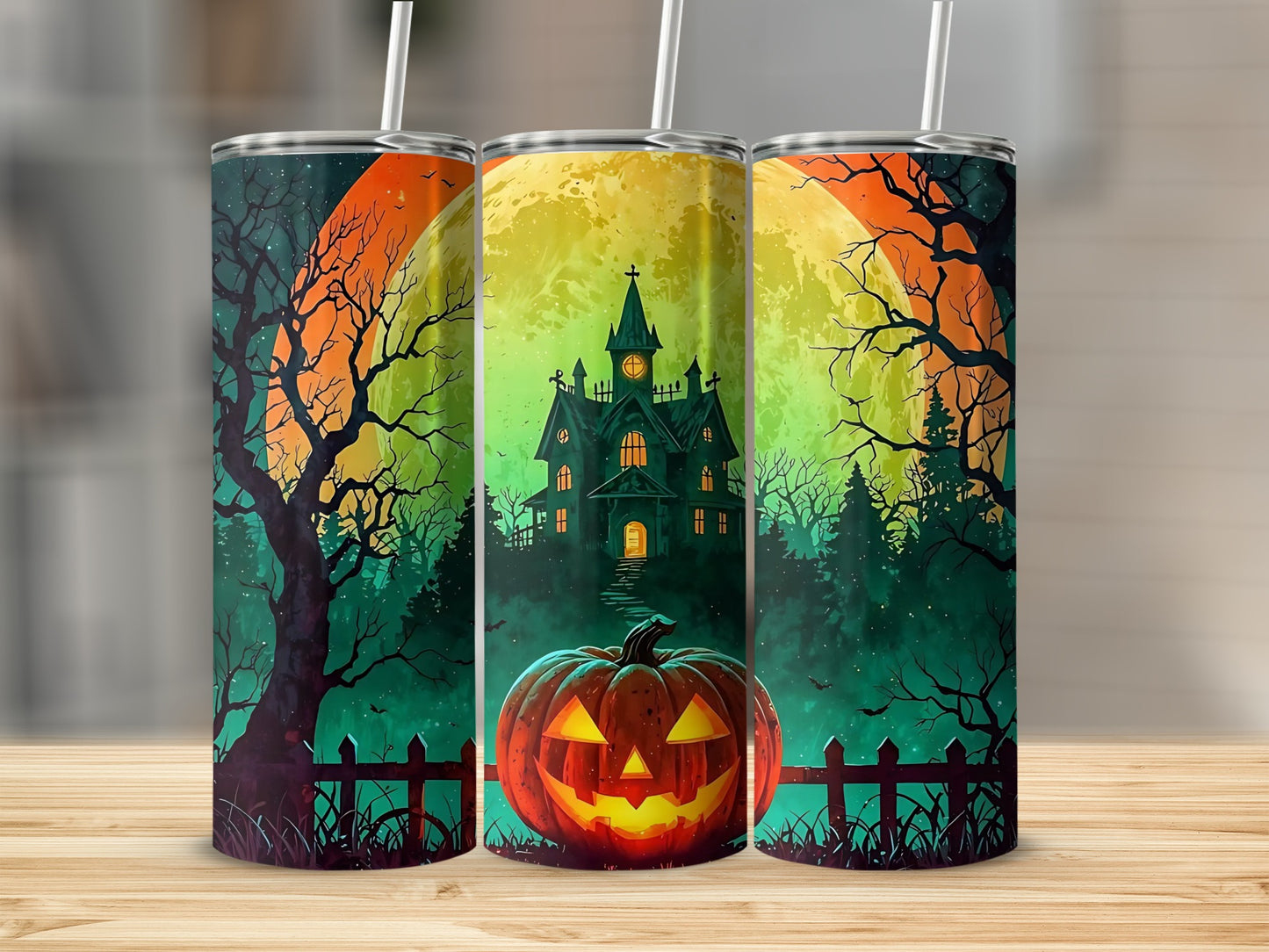 Three tumblers with Halloween scene: jack-o'-lantern, haunted house, and spooky trees under a large moon.