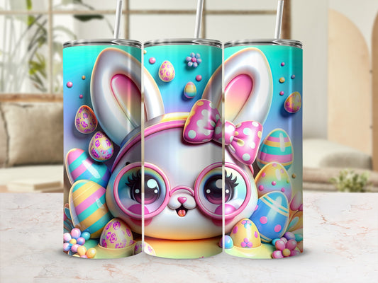 Easter bunny tumbler with colorful decorated eggs and pink bow.