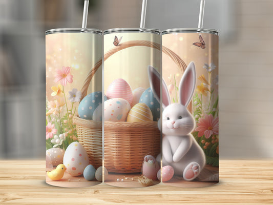 Easter basket with bunny, chicks, and decorated eggs.