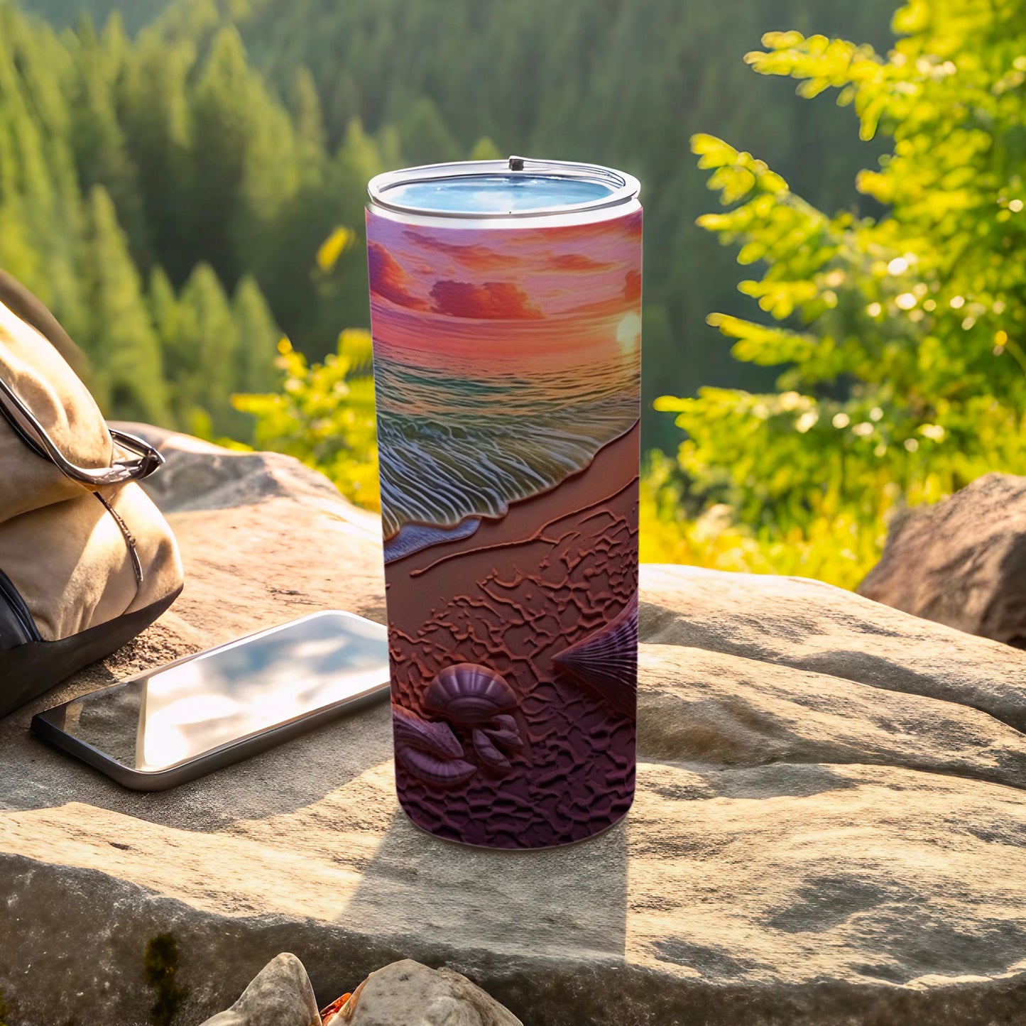Tall tumbler with sunset beach scene, shells, and palm trees.