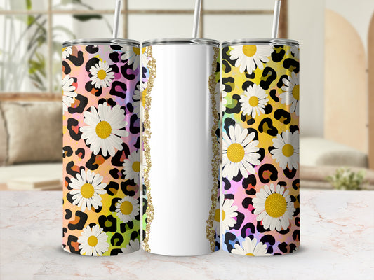 Leopard print tumbler with white flowers and gold glitter accents.