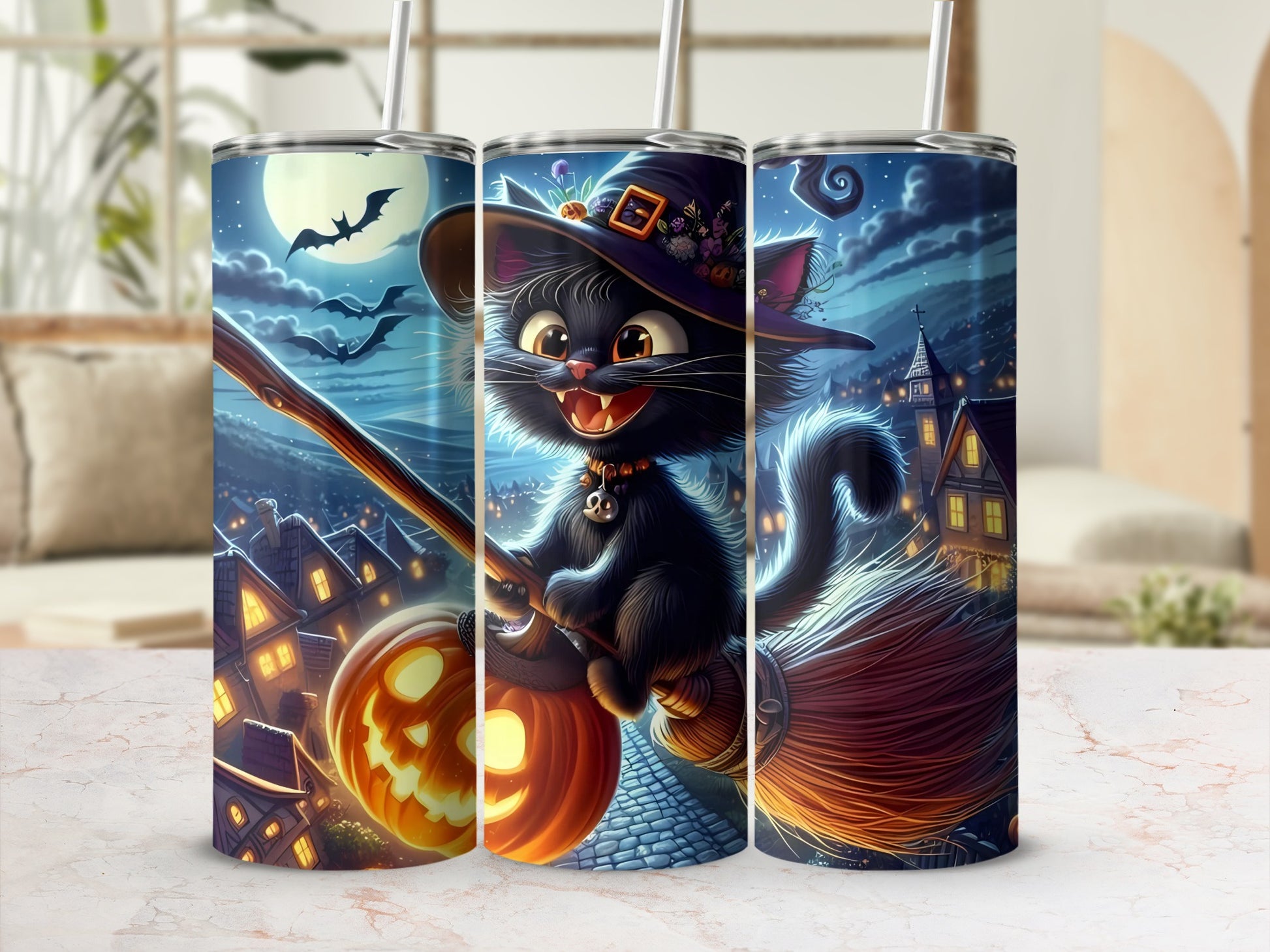 Black cat in witch hat rides broom with jack-o'-lantern past spooky town and bats.