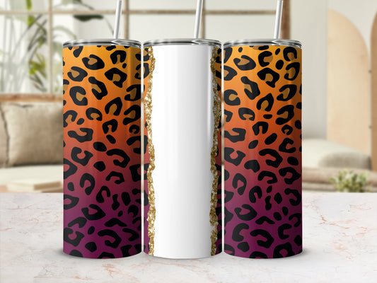 Tumbler with leopard print and gold glitter accent.
