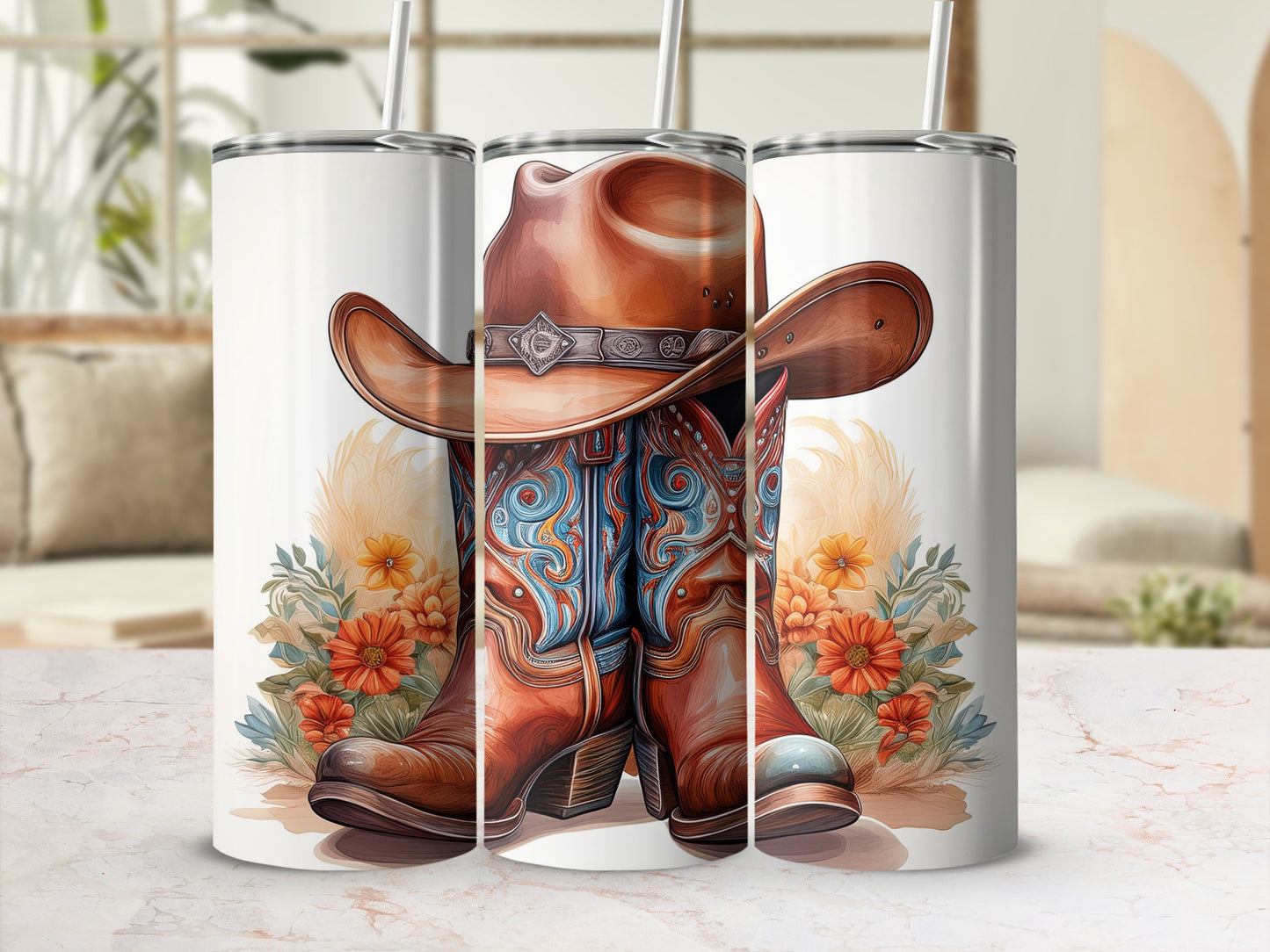 Cowboy boots with hat and floral accents on a marble surface.