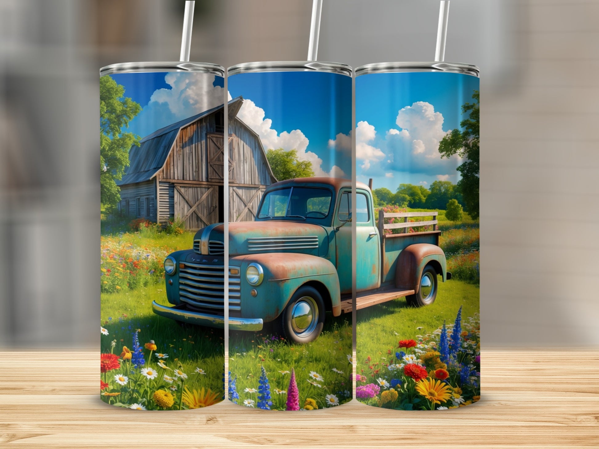 Rustic turquoise pickup truck in a field of wildflowers, with a barn and trees.
