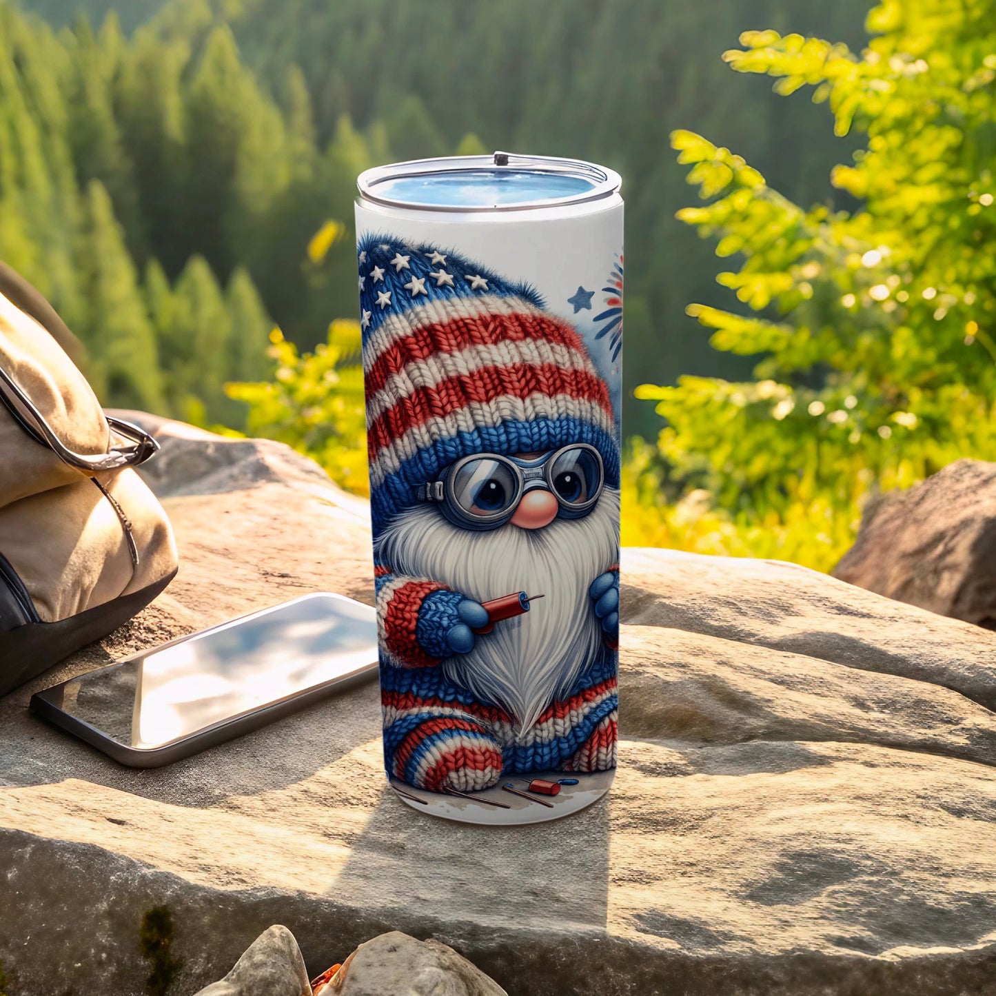 Gnome with patriotic hat and glasses on a rocky surface.