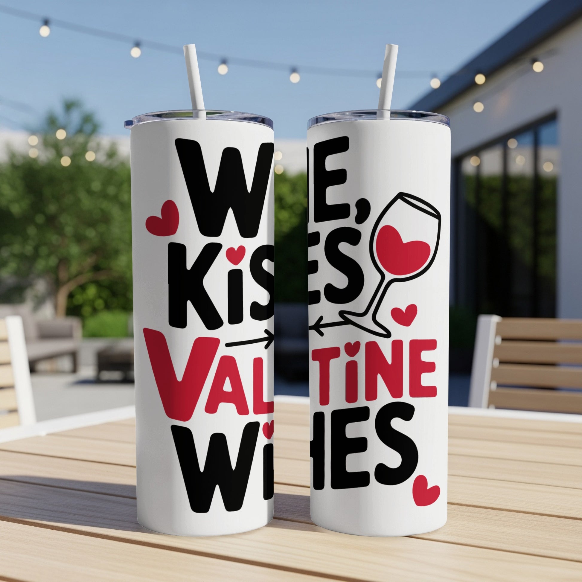 Two tumblers with "We Kiss Valentine Vibes" text and a heart-shaped wine glass.