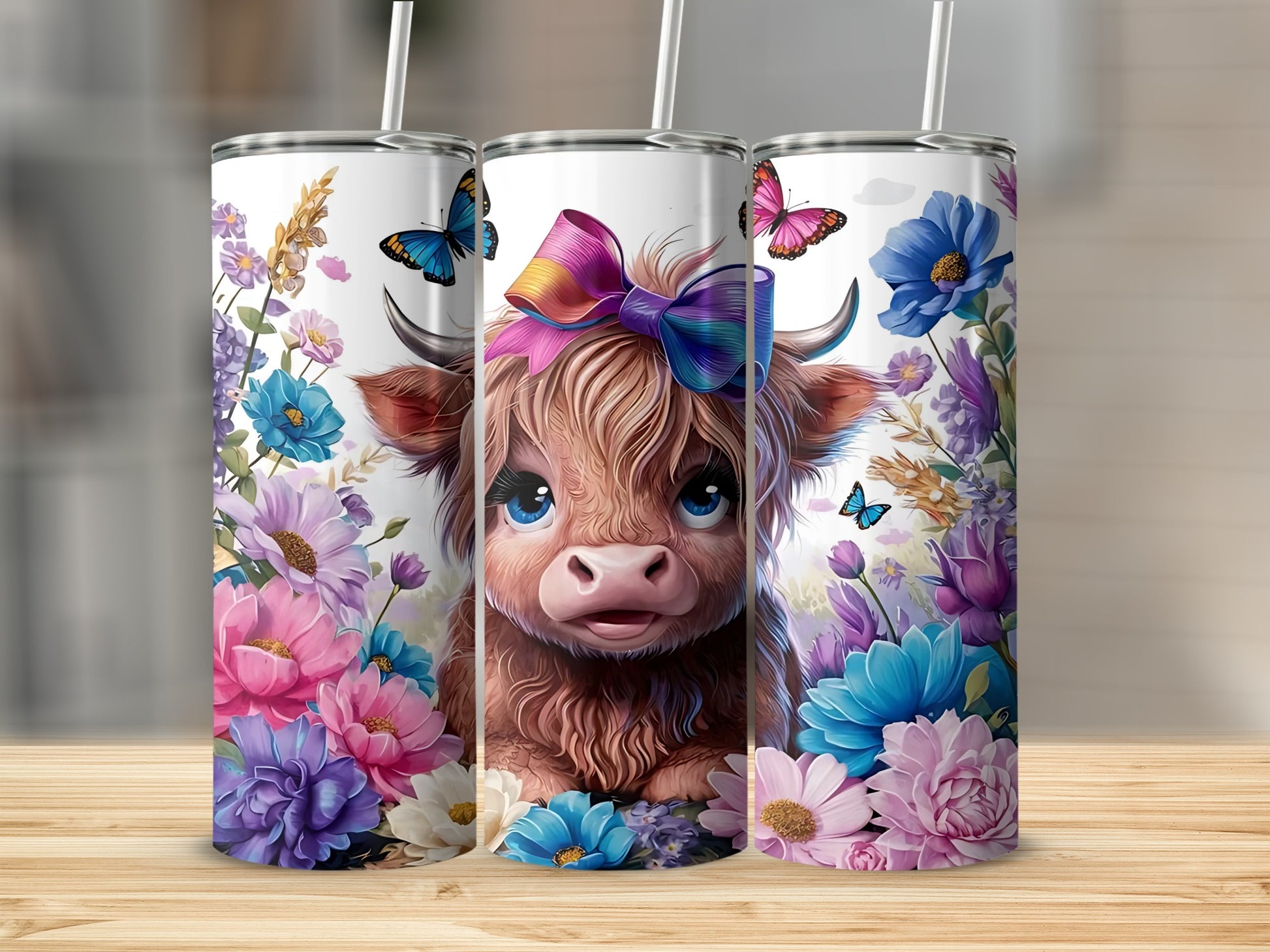 Cute Highland Cow with Colorful Butterflies Tumbler