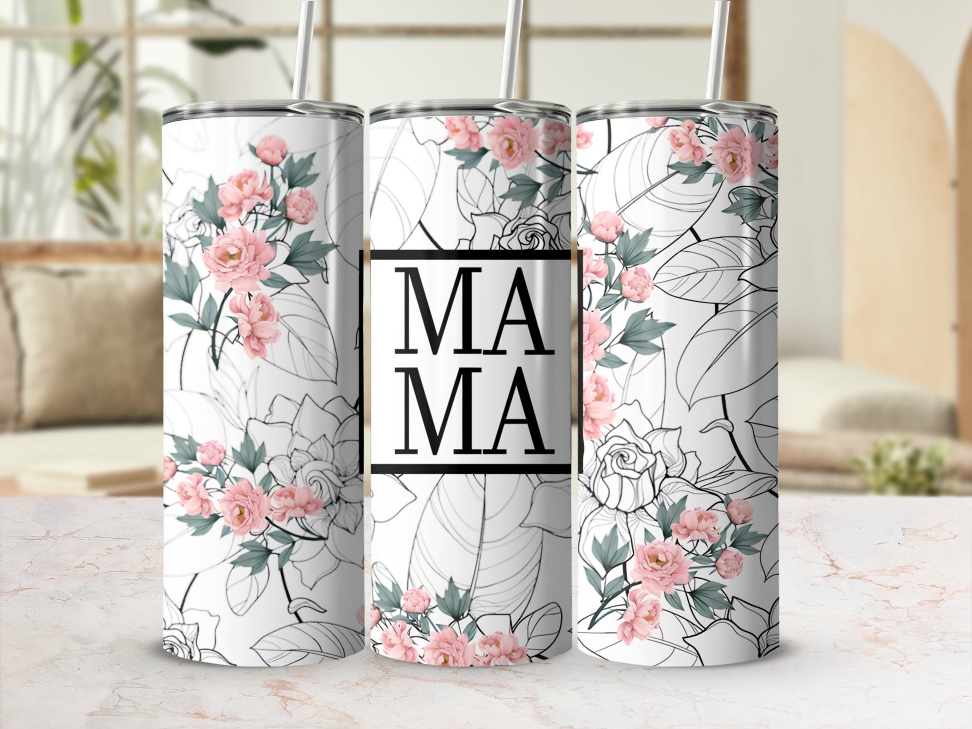 White tumbler with pink flowers and "MAMA" text.