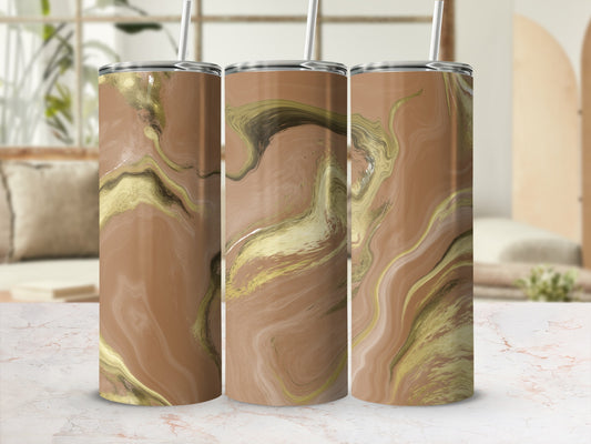 Three tumblers with marbled brown and gold designs and straws.