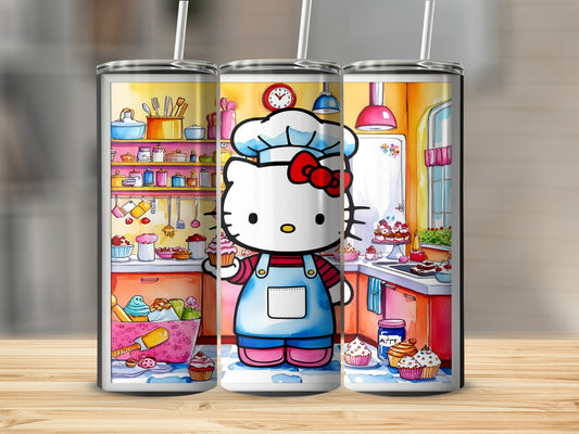 Hello Kitty in chef's hat and apron holding cupcake in kitchen setting.