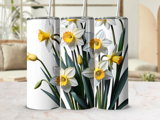 Three tumblers with a watercolor daffodil floral design.