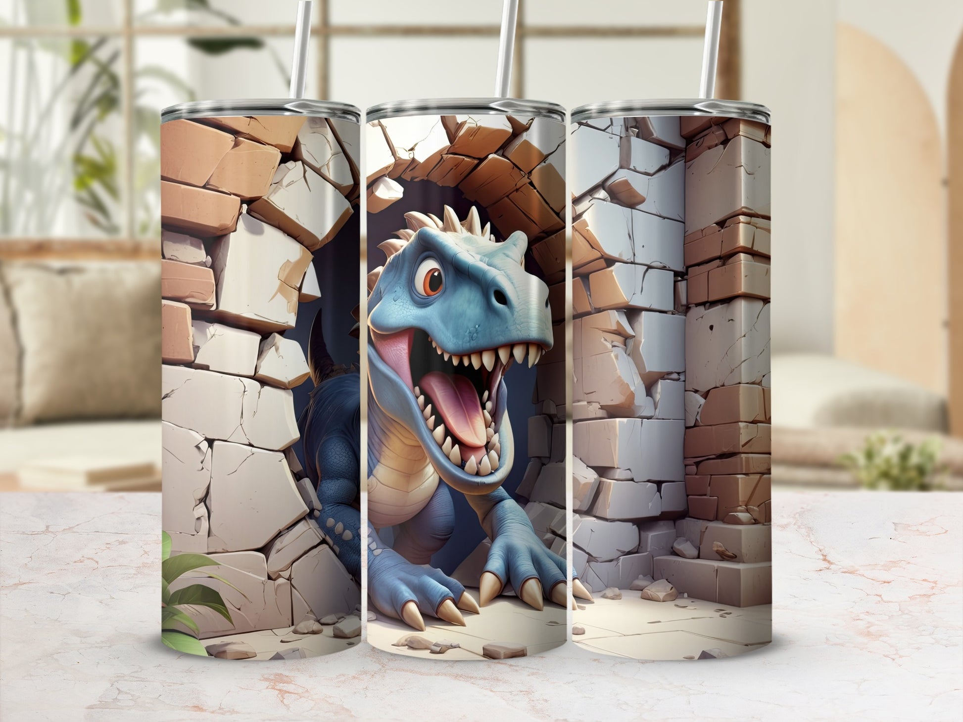 Blue dinosaur breaking through a brick wall on a tumbler.