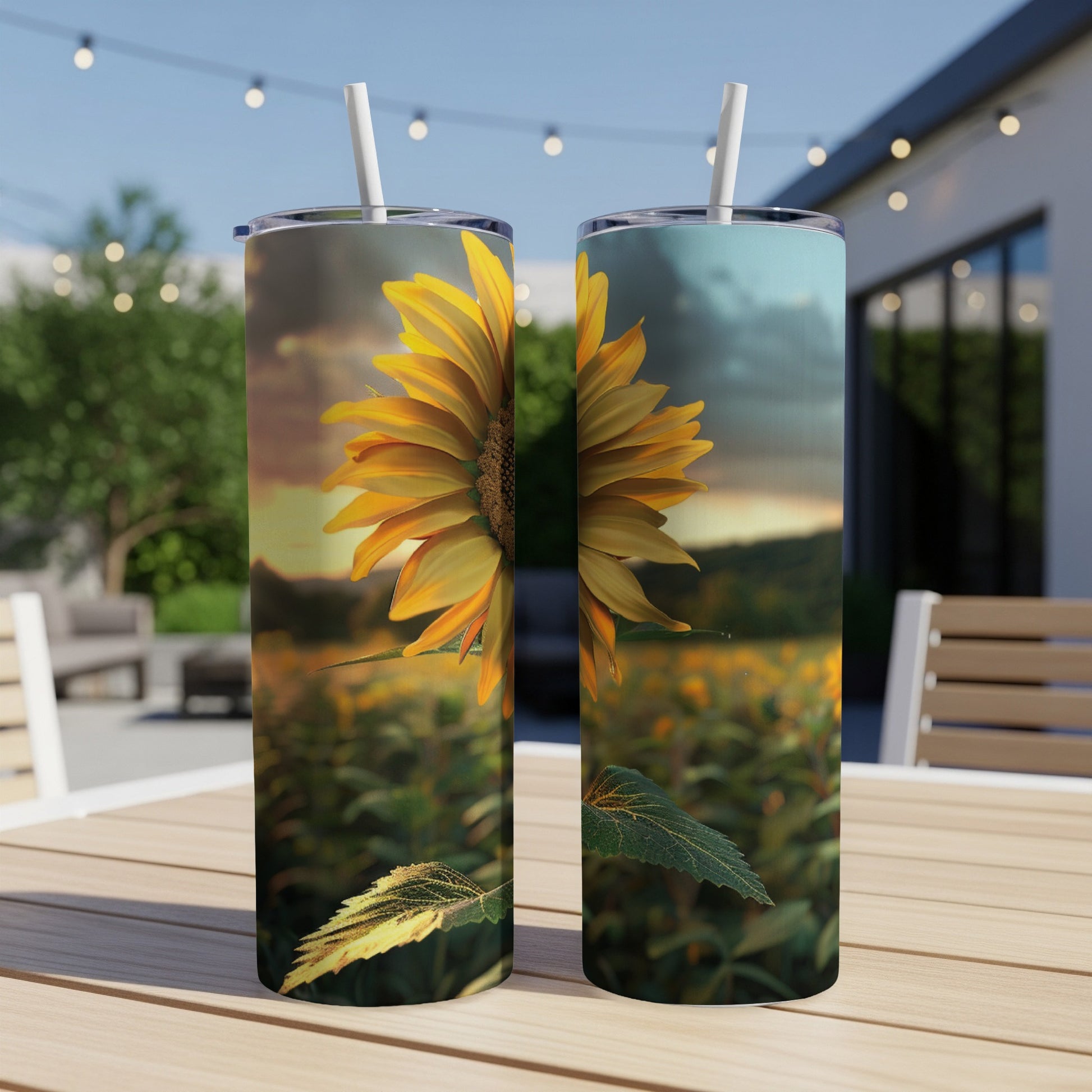 Two tumblers with a sunflower image sit on a table outdoors.