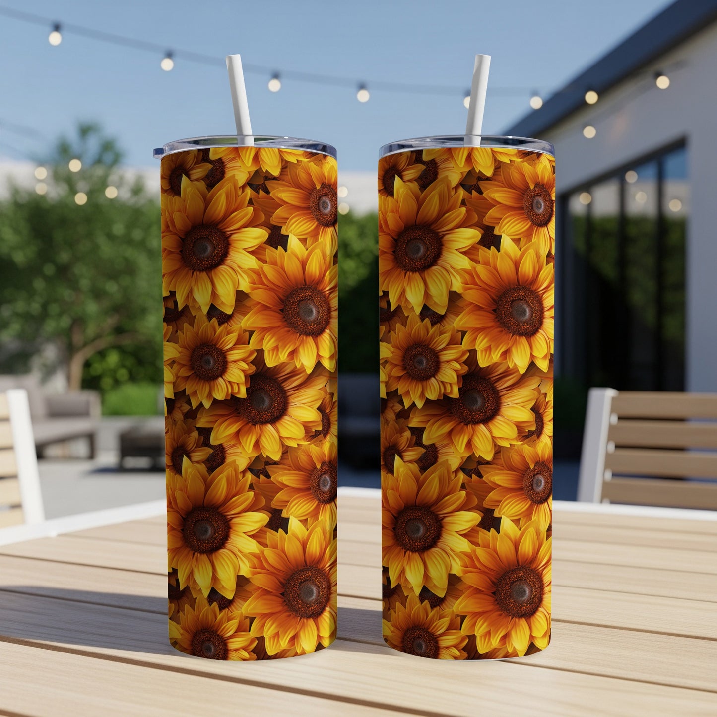 Two tall tumblers covered in a pattern of vibrant yellow sunflowers.