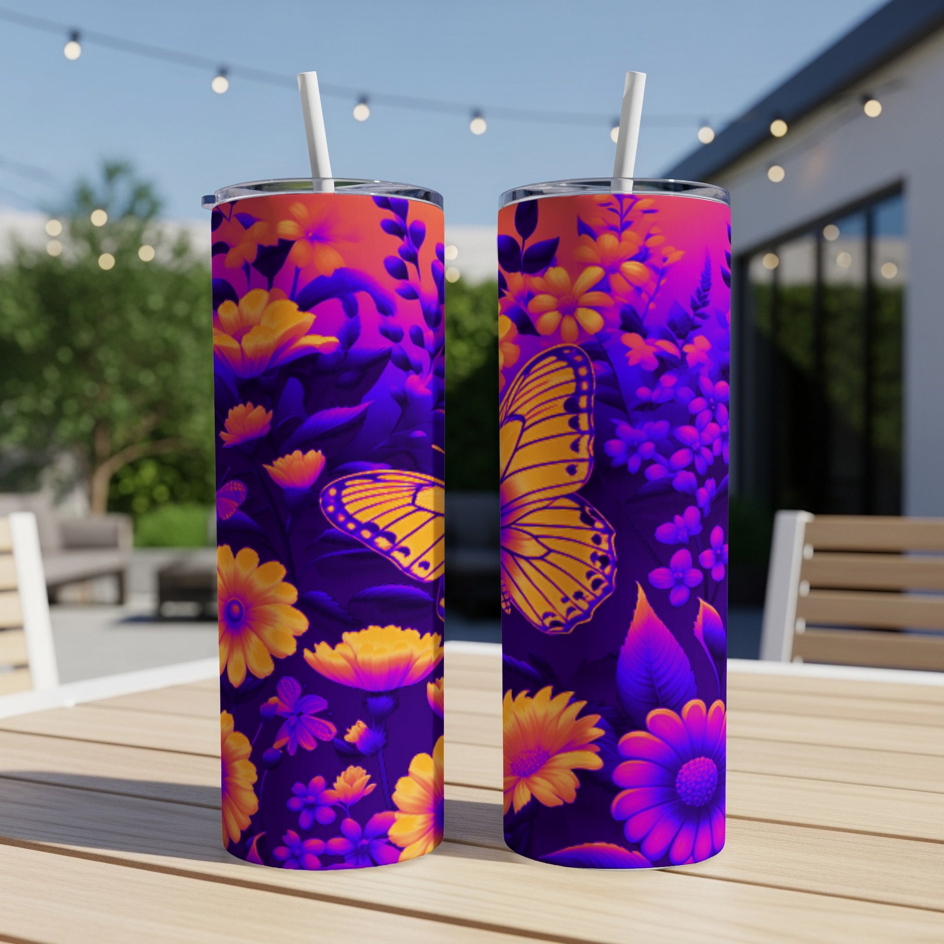 Two purple and orange tumblers with butterfly and floral designs.
