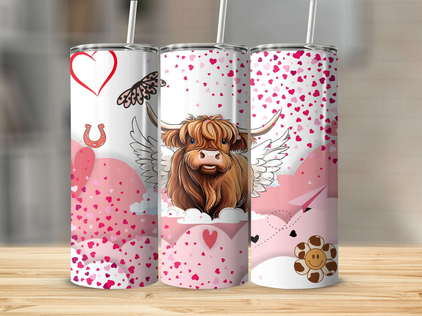 Cute Highland Cow with Hearts and Wings Tumbler