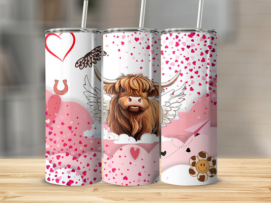 Cute Highland Cow with Hearts and Wings Tumbler