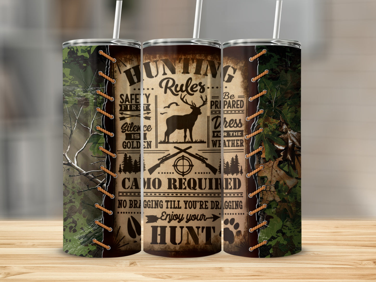 Hunting tumbler with rules, deer silhouette, guns, and woodland camouflage.