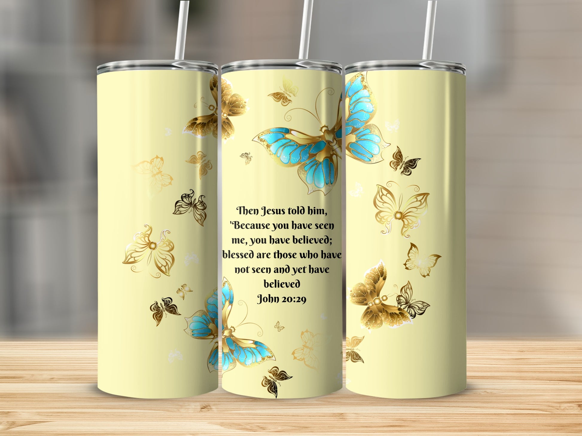 Beautiful Yellow Tumbler with Inspiring John 20 29 Quote
