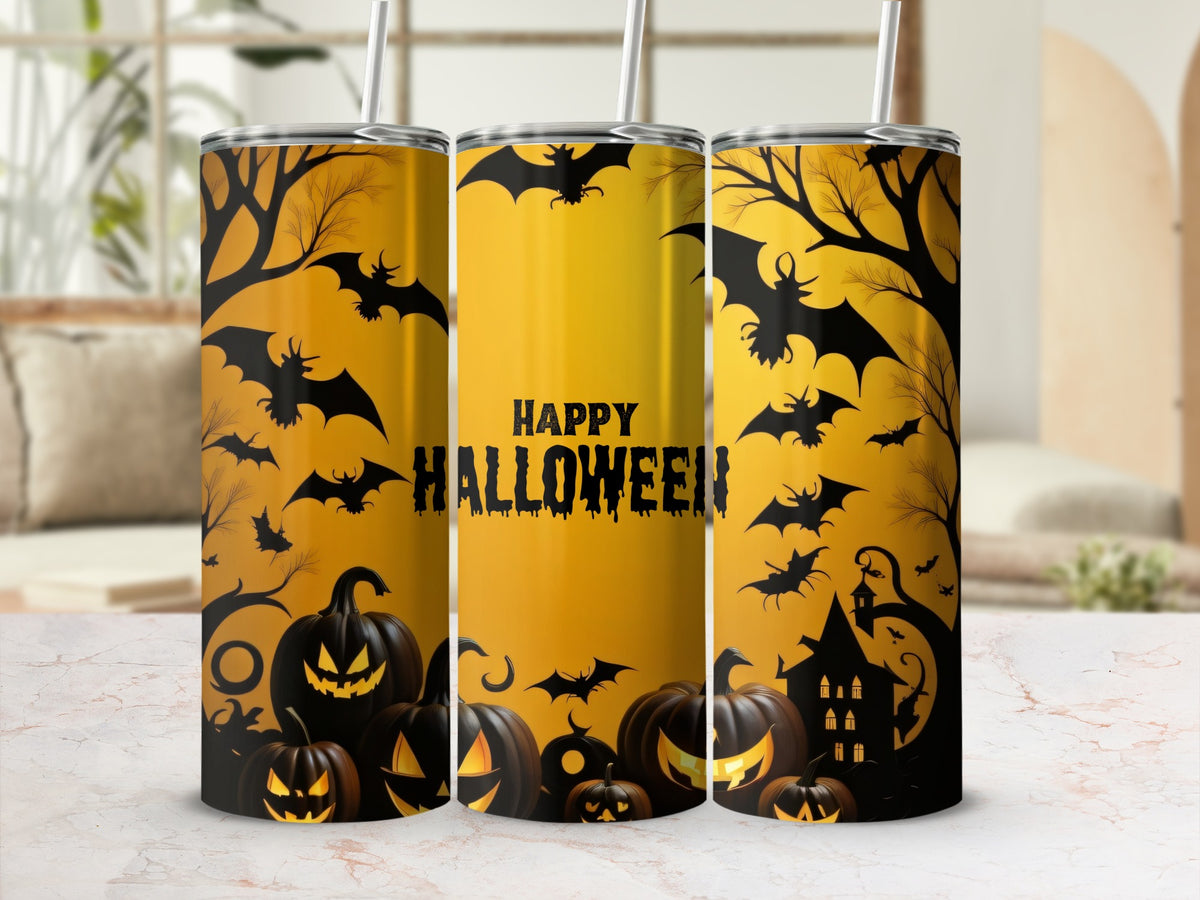 Halloween tumbler with pumpkins, bats, trees, and haunted house design on orange background.