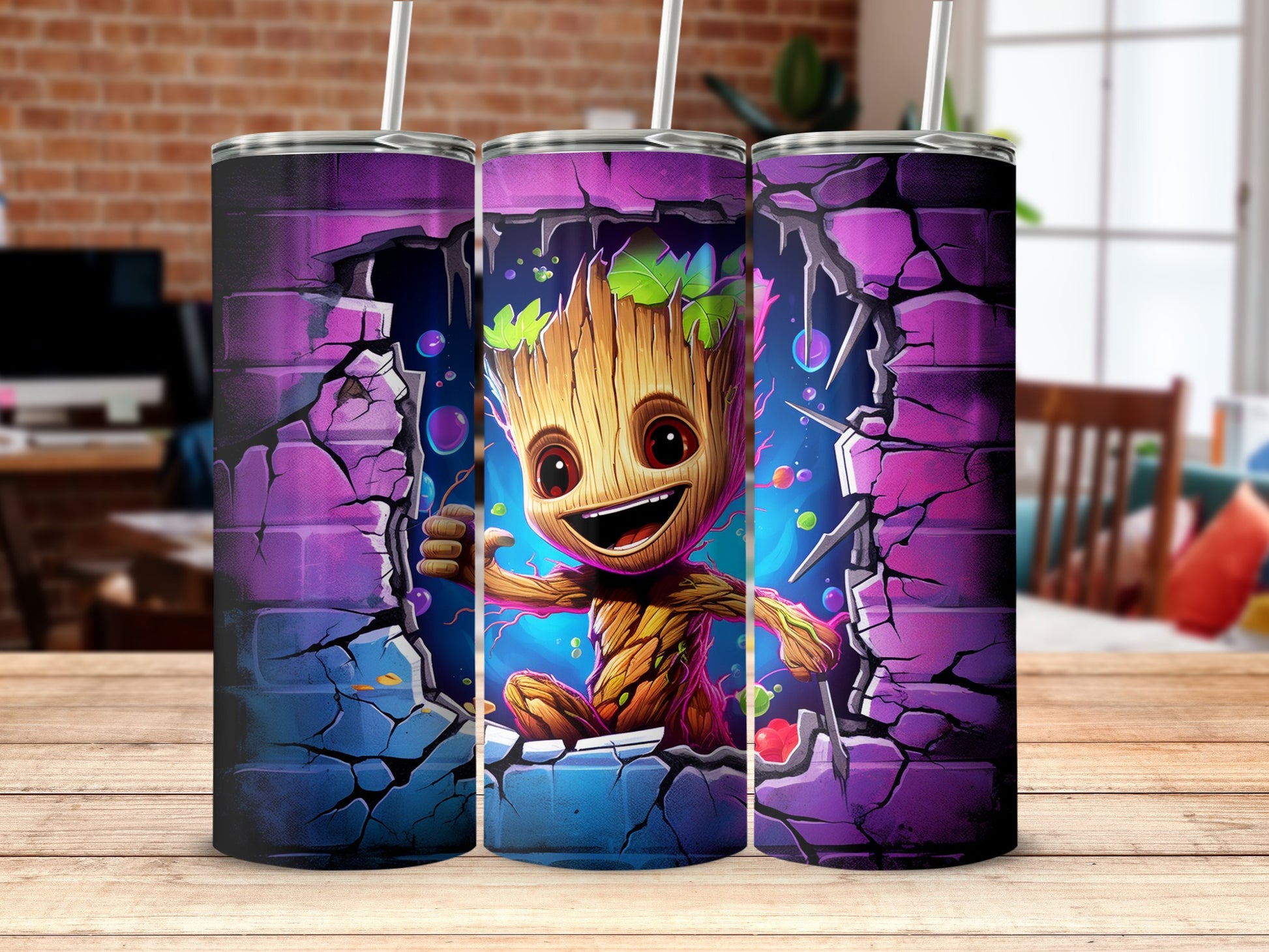 Cute Baby Groot Cracked Brick Design Tumbler