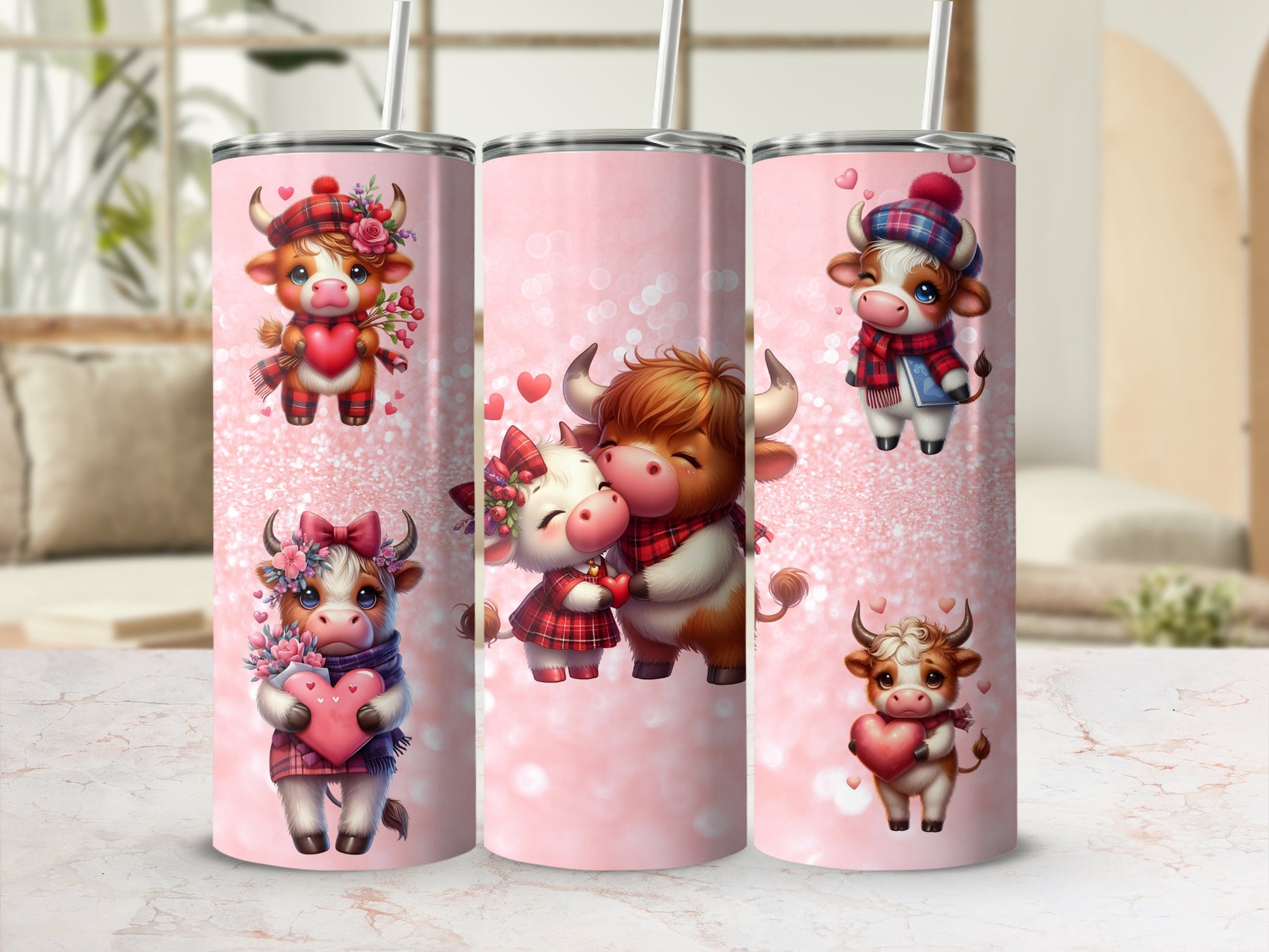 Adorable Cartoon Cows Pink Themed Tumbler Design