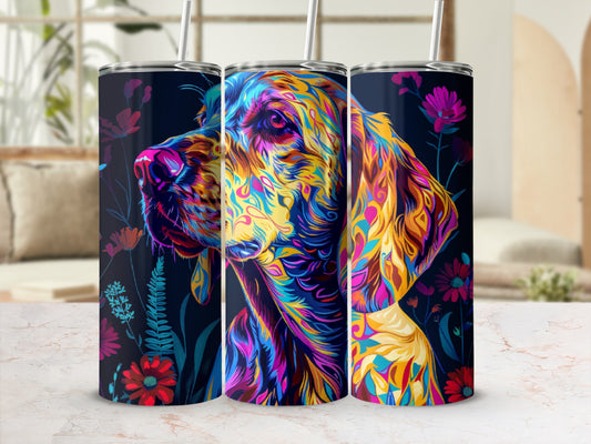 Colorful dog portrait on a dark background with floral accents.