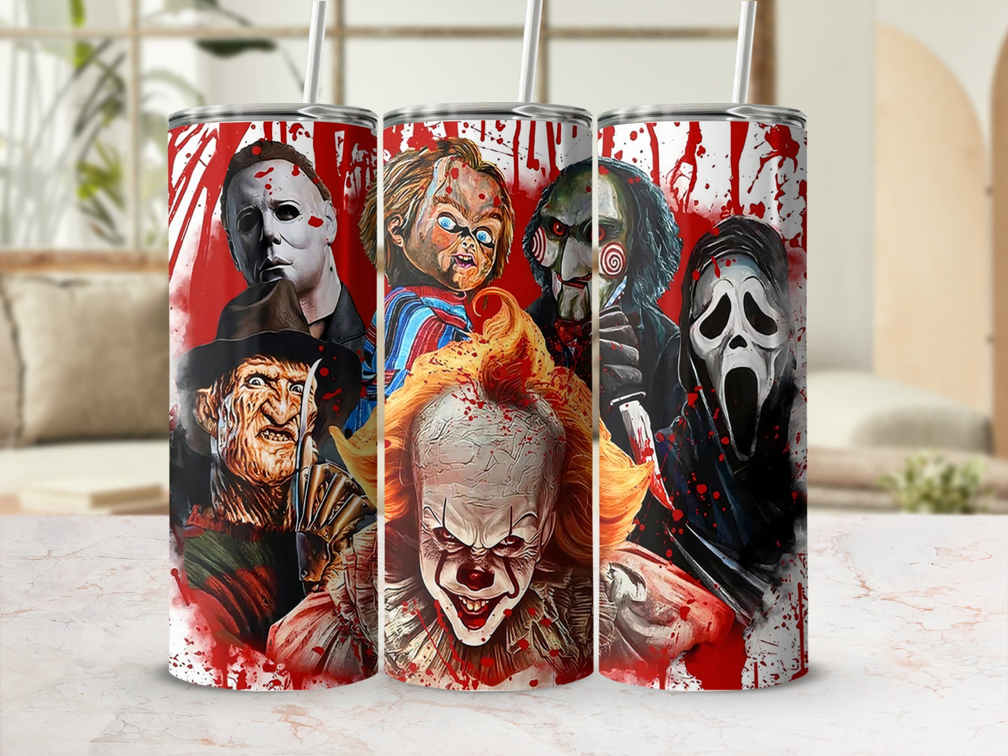 Horror villains Michael Myers, Freddy Krueger, Chucky, Jigsaw, Pennywise, and Ghostface on tumblers.