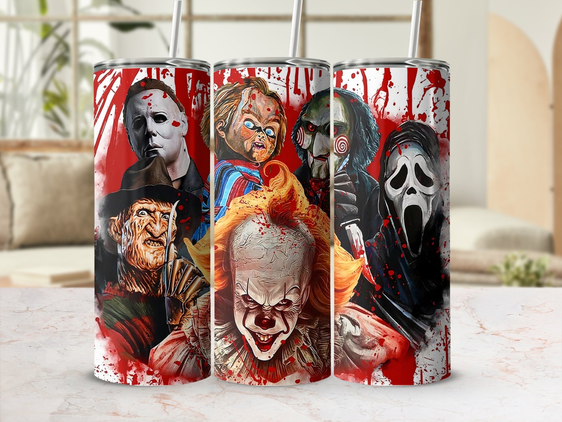 Horror villains Michael Myers, Freddy Krueger, Chucky, Jigsaw, Pennywise, and Ghostface on tumblers.