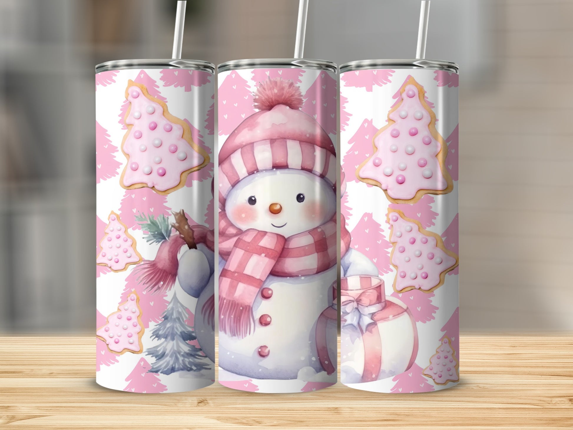 Pink Snowman and Christmas Trees Festive Tumbler