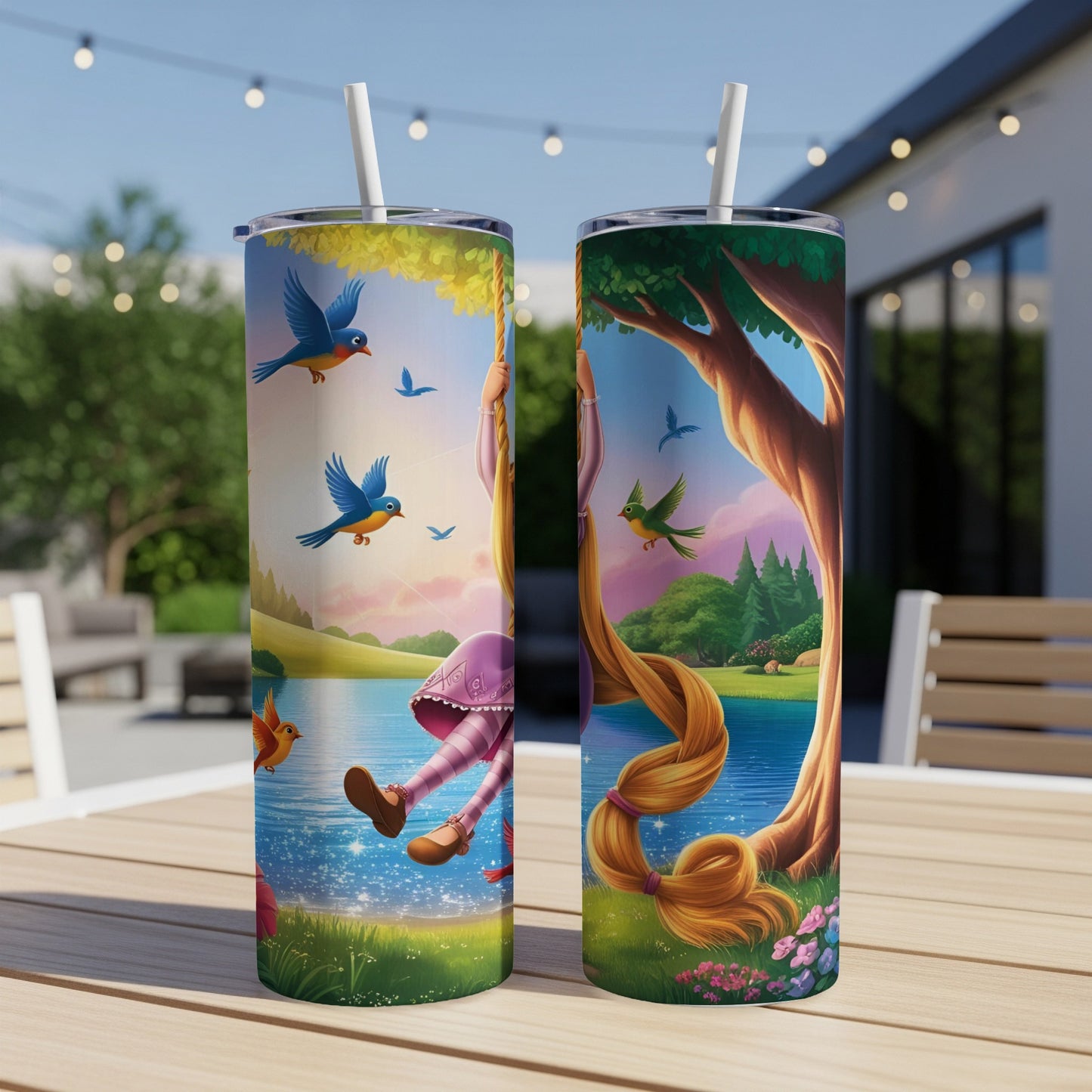 Two tumblers feature Rapunzel swinging on a vine with birds.