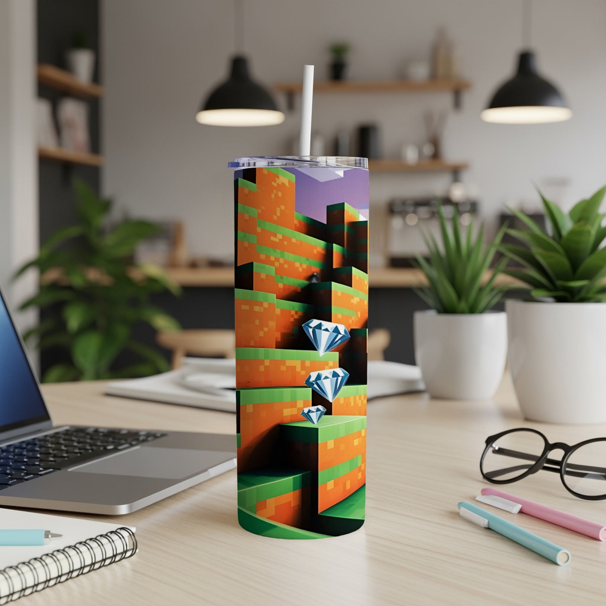 Minecraft-themed tumbler with diamonds, green blocks, and a purple sky.
