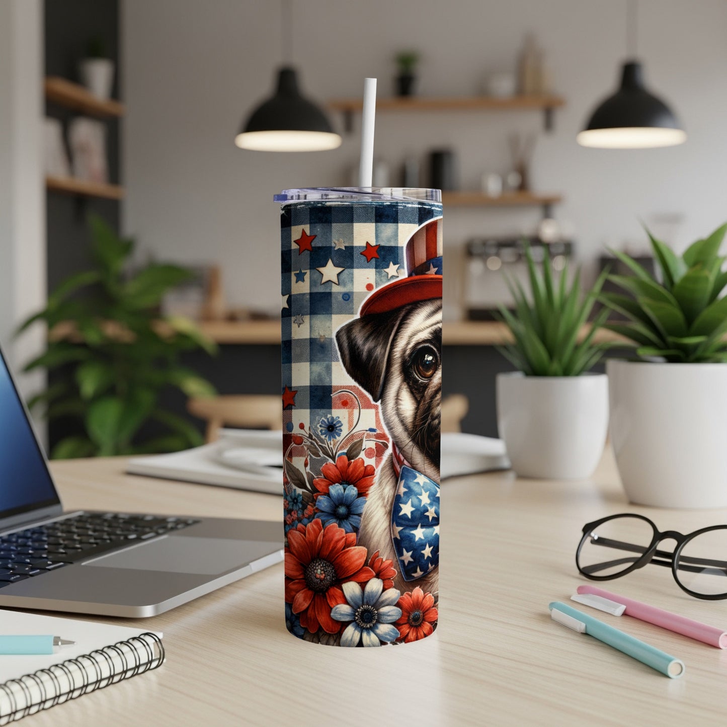 Pug wearing patriotic hat and bandana on a tumbler with floral pattern.