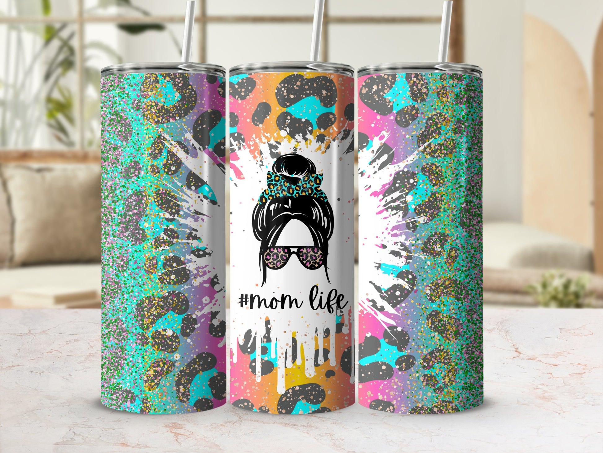 Colorful Leopard Print and #momlife Tumblers Set