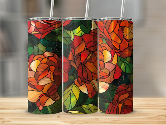 Three tumblers with a stained-glass rose pattern.