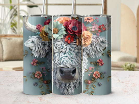 White Highland cow with floral headdress on teal background.