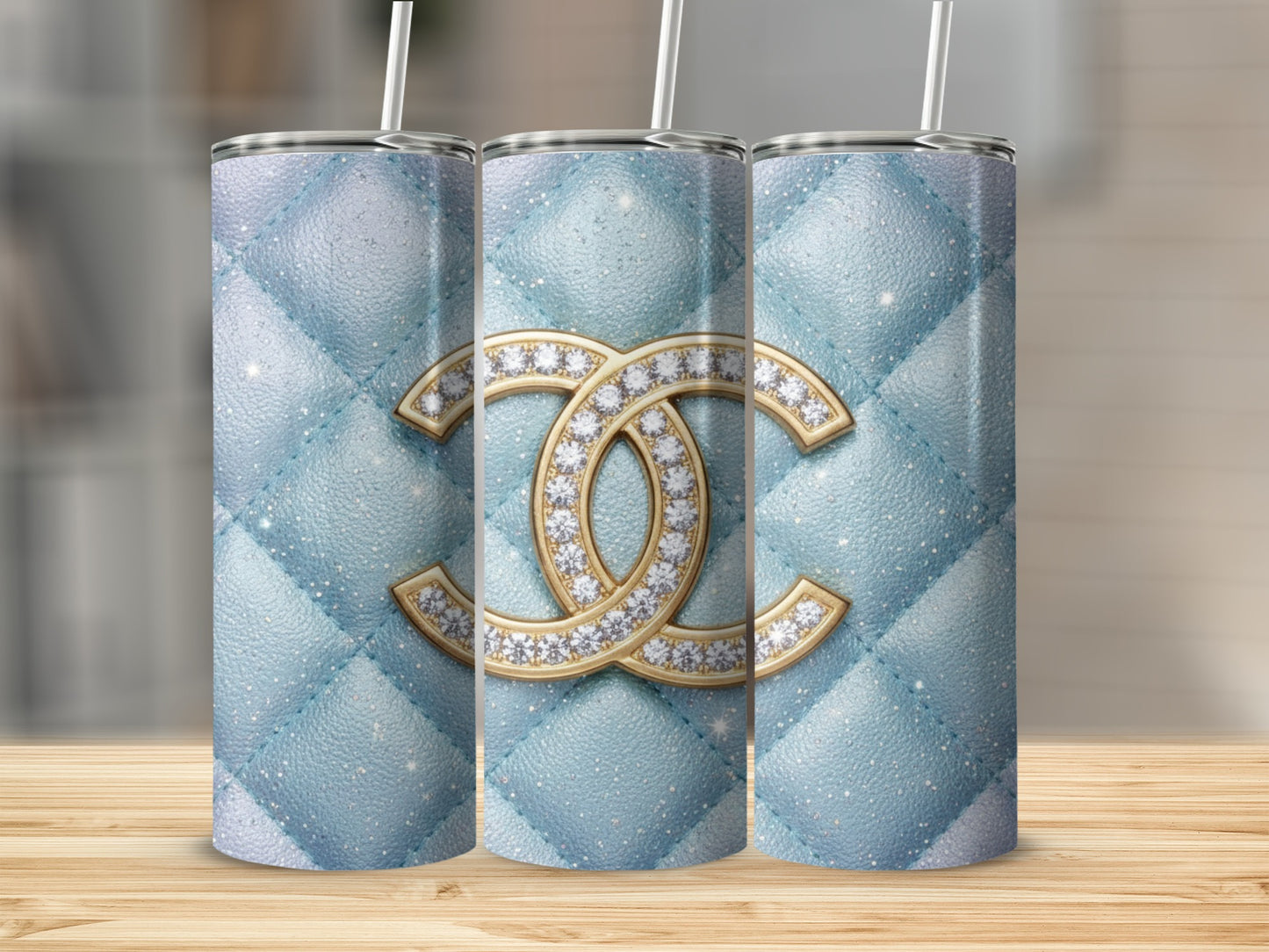 Blue Quilted Design with Gold Interlocking CC Logo Tumbler